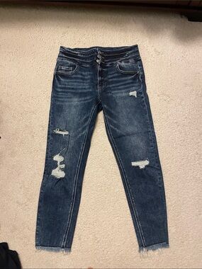 High-Rise Dark Wash Distressed Skinny Jeans